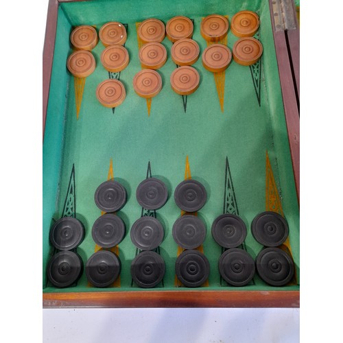 222 - Vintage  Wooden Box containing a Backgammon game including wooden counters, leather die cups and 2 d... 