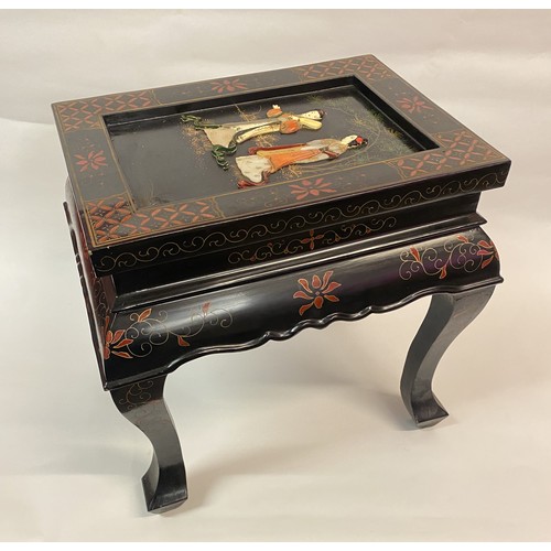 15 - Vintage Black Lacquer Oriental Tea / Coffee Table With Inlaid Hard-stone Decoration. 48cm Length x 4... 