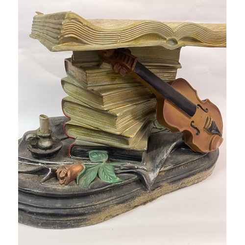 18 - Musical Themed Coffee Table With Violin and Music Manuscript Design Stand. Missing Glass Top. 72cm L... 