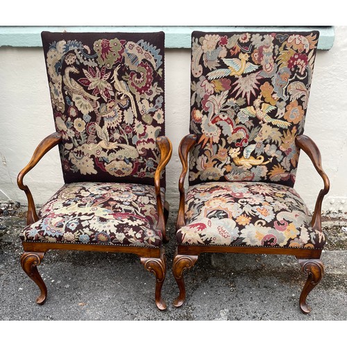 11 - Pair Of Large Antique Continental  Armchairs With Decorative Bird Design Tapestry Upholstery . 115cm... 