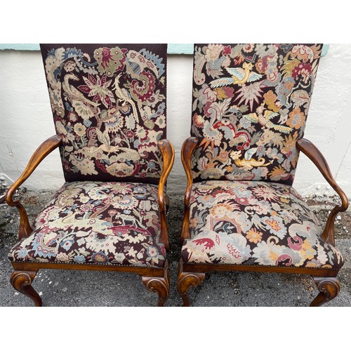 11 - Pair Of Large Antique Continental  Armchairs With Decorative Bird Design Tapestry Upholstery . 115cm... 