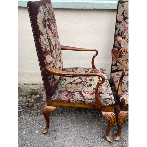 11 - Pair Of Large Antique Continental  Armchairs With Decorative Bird Design Tapestry Upholstery . 115cm... 