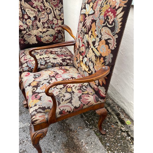 11 - Pair Of Large Antique Continental  Armchairs With Decorative Bird Design Tapestry Upholstery . 115cm... 