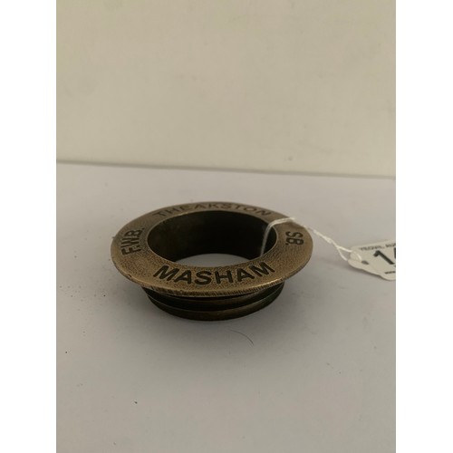 148 - Antique Brass Beer Barrel Keg Bung Collar From THEAKSTONS Brewery, Marsham
7.5 cms diameter