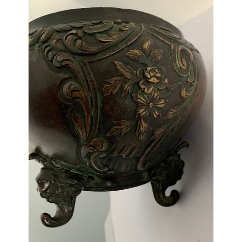 131 - Interesting 19thC Bronze Jardinière With Scrollwork Decoration Over Figural Feet
24 x 17 x 13 cms h