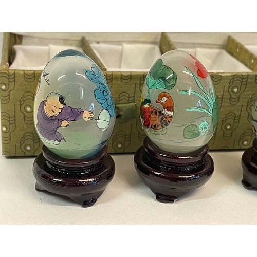 270 - Collection Of 5 Hand Painted Oriental Eggs On Stands In Original Case