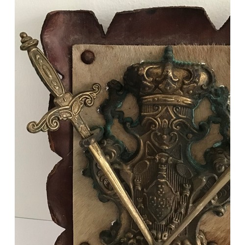 129 - Vintage Armorial Plaque On Leather And Deer Skin Back
23 x 17 cms