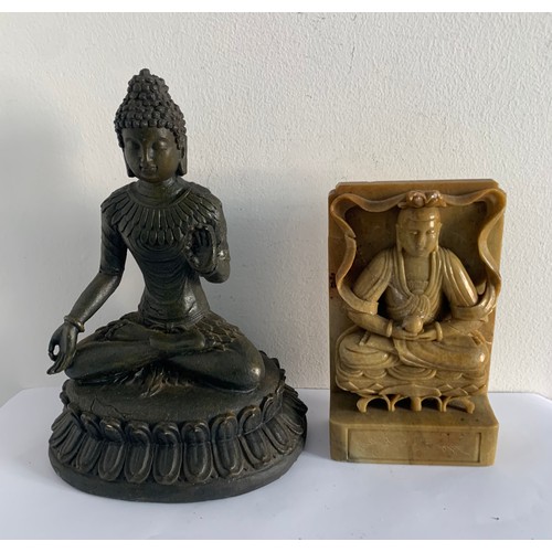 128 - Composite Statue Of Buddha Together With A Similar Jadeite Statue (which has a repair) 
17 x 25 cms ... 