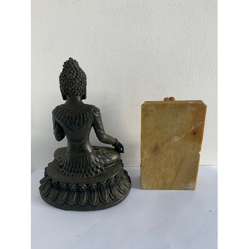 128 - Composite Statue Of Buddha Together With A Similar Jadeite Statue (which has a repair) 
17 x 25 cms ... 