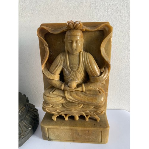 128 - Composite Statue Of Buddha Together With A Similar Jadeite Statue (which has a repair) 
17 x 25 cms ... 