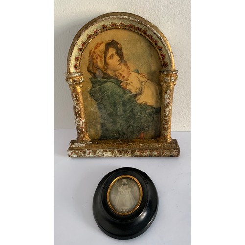 130 - Vintage Oval Reliquary Together With A Vintage Ecclesiastical Frame 
10 x 9 cms & 21 x 18 cms