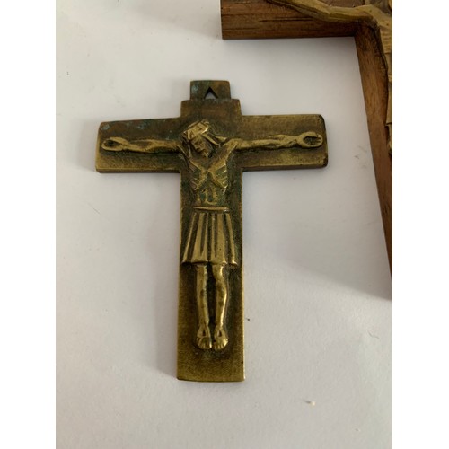 135 - Antique Bronze Crucifix Together With Another Similar And A Religious Coin On Silk Depicting Thé Mad... 