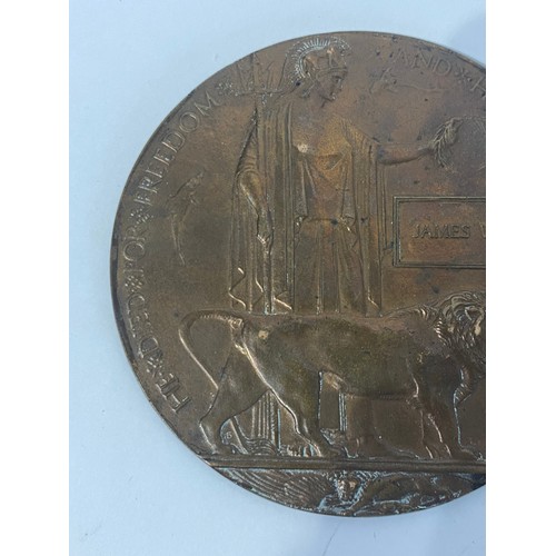 229 - Antique Bronze WW1 Death Penny Plaque Engraved James Watson. 12cm Diameter