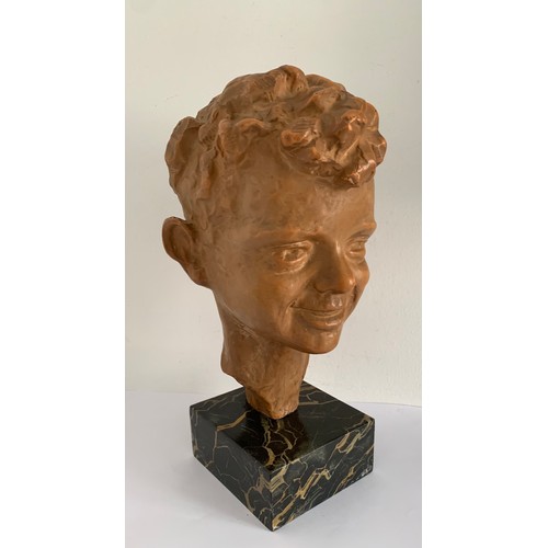 289 - Vintage Signed Composite Statue Of A Boys Head On Wooden Base 
34 cms h