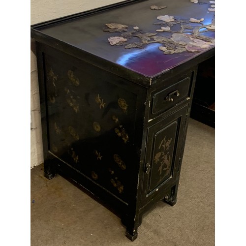 33 - Chinese Lacquered  Decorated With Hard-stone Pedestal Desk. 130 x 65 x 79 cms