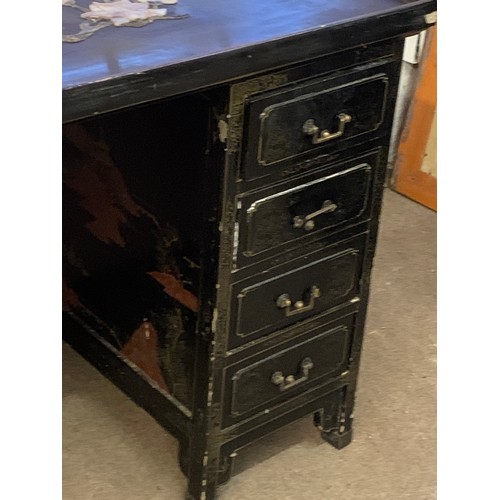 33 - Chinese Lacquered  Decorated With Hard-stone Pedestal Desk. 130 x 65 x 79 cms