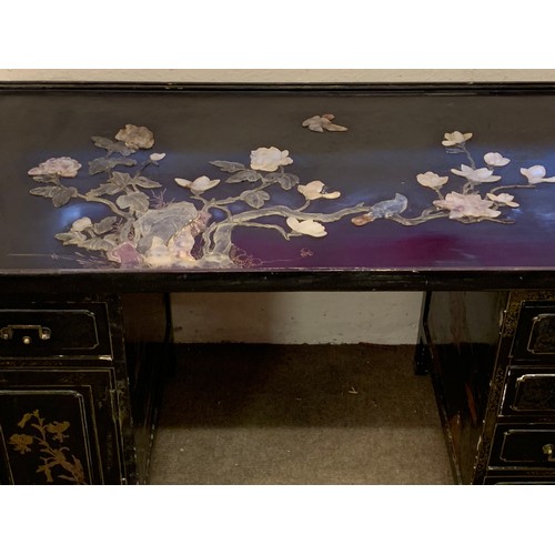 33 - Chinese Lacquered  Decorated With Hard-stone Pedestal Desk. 130 x 65 x 79 cms