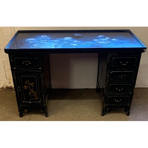 33 - Chinese Lacquered  Decorated With Hard-stone Pedestal Desk. 130 x 65 x 79 cms