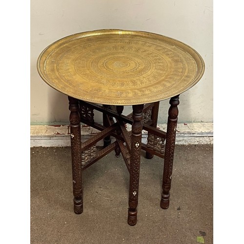 38 - Antique Brass Top Folding Table Possibly Islamic With Carved Wood And Inlay Folding Base And A Decor... 