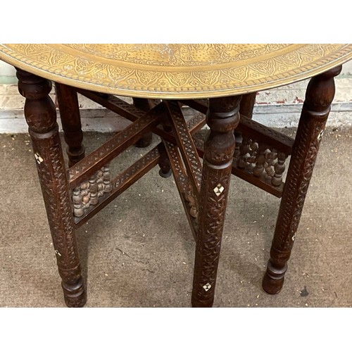 38 - Antique Brass Top Folding Table Possibly Islamic With Carved Wood And Inlay Folding Base And A Decor... 