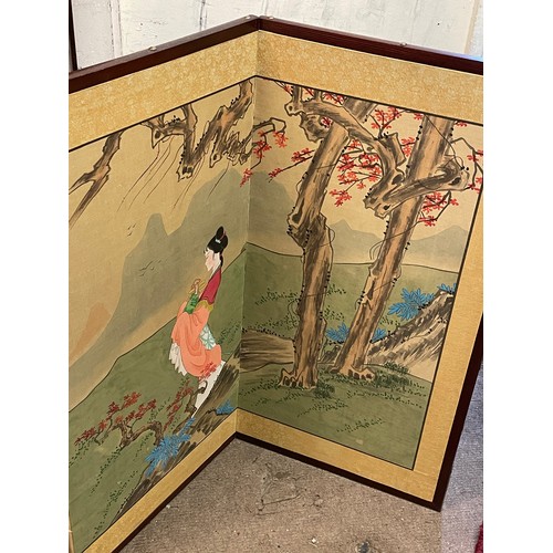 160 - Four Panel Oriental Divider With Silk Embroidered Scene. 184 cms Long