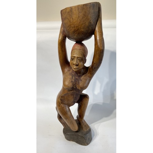 243 - Large Vintage Hand Carved African Wooden Tribal Figural Statue of a Woman Carrying a Bucket. 72cm He... 