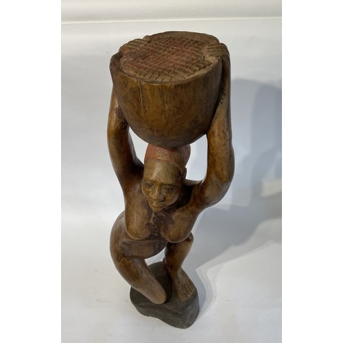 243 - Large Vintage Hand Carved African Wooden Tribal Figural Statue of a Woman Carrying a Bucket. 72cm He... 