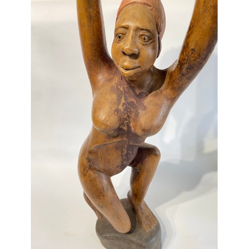 243 - Large Vintage Hand Carved African Wooden Tribal Figural Statue of a Woman Carrying a Bucket. 72cm He... 