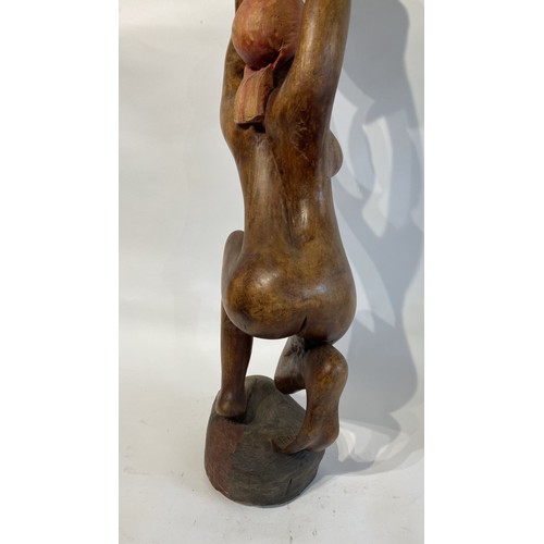 243 - Large Vintage Hand Carved African Wooden Tribal Figural Statue of a Woman Carrying a Bucket. 72cm He... 