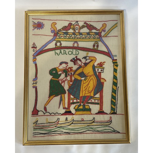 247 - Framed Bayeux Tapestry Style Embroidered Picture of King Harold The Great. 53cm x 40.5cm