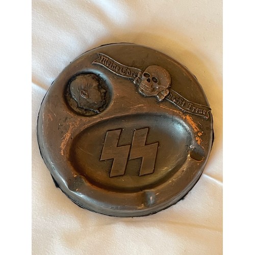 143A - German WW2 Style SS Ashtray With Skull And Hitler Depiction.