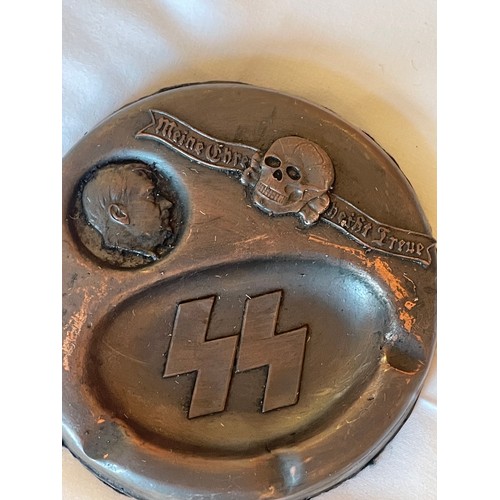 143A - German WW2 Style SS Ashtray With Skull And Hitler Depiction.