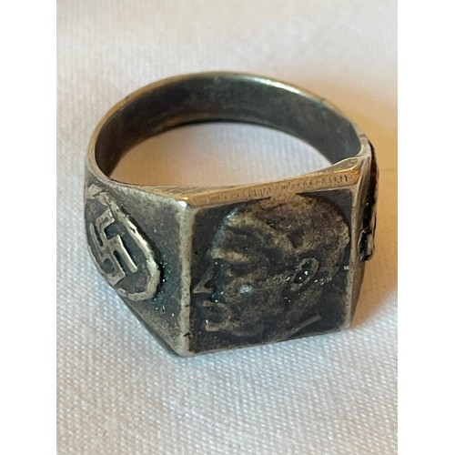 326A - German WW2 Style Ring With Hitler And Swastika Depiction.