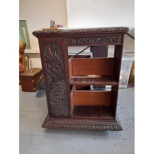 15 - Vintage Carved Oak Book Case on Castors with Repairs, 58cm x 58cm x 73cm
