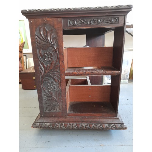15 - Vintage Carved Oak Book Case on Castors with Repairs, 58cm x 58cm x 73cm