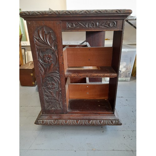 15 - Vintage Carved Oak Book Case on Castors with Repairs, 58cm x 58cm x 73cm