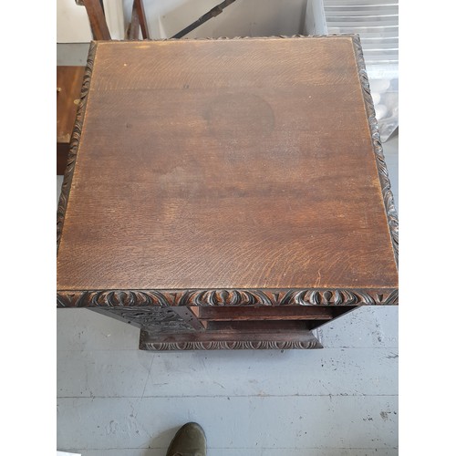 15 - Vintage Carved Oak Book Case on Castors with Repairs, 58cm x 58cm x 73cm