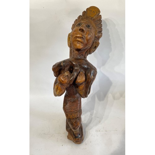 528 - Large Vintage Carved Wooden Tribal Statue of a Man Carrying an Animal. 61cm Height