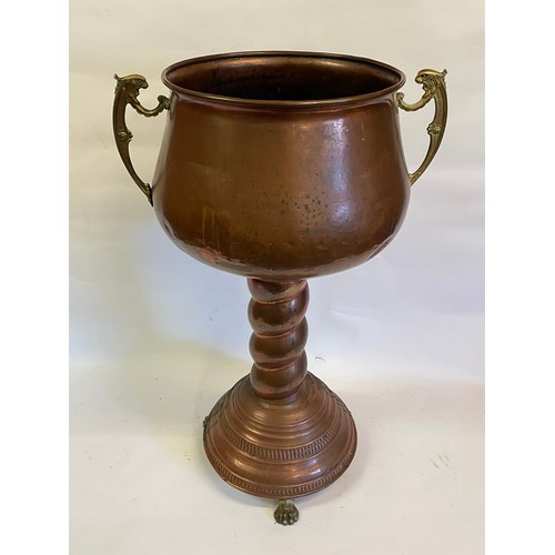 48 - Antique Copper Jardinière / Planter With Twisted Copper And Lion Paw Feet Decoration. 45 x 69 cms