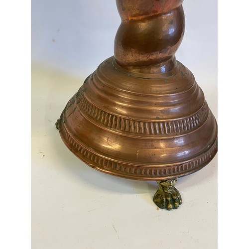 48 - Antique Copper Jardinière / Planter With Twisted Copper And Lion Paw Feet Decoration. 45 x 69 cms