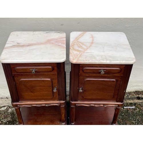 49 - Pair Of Continental Marble Top Night Stands / Pot Cupboards. 42 x 40 x 81 cms