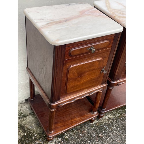 49 - Pair Of Continental Marble Top Night Stands / Pot Cupboards. 42 x 40 x 81 cms