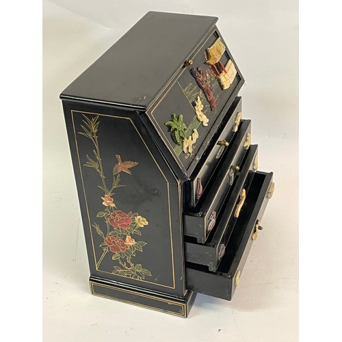 66 - Miniature Chinese Bureau  Decorated With Hardstone Figural Decoration And Drawers. 25 x 13 x 27 cms