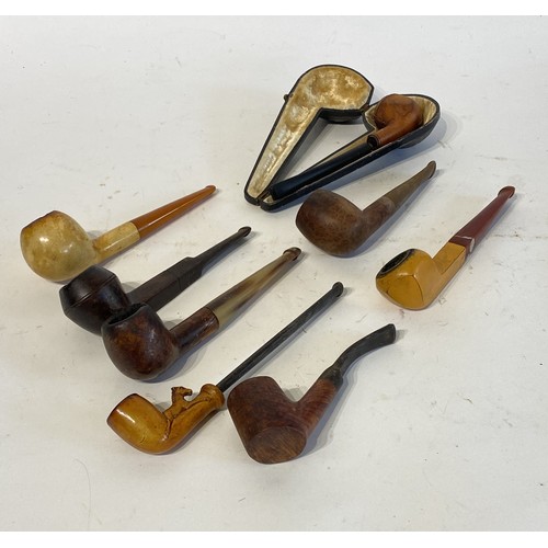 540 - Collection of Eight Vintage Smoking Pipes to Include Wooden, Leather and Carved Examples. Longest 18... 