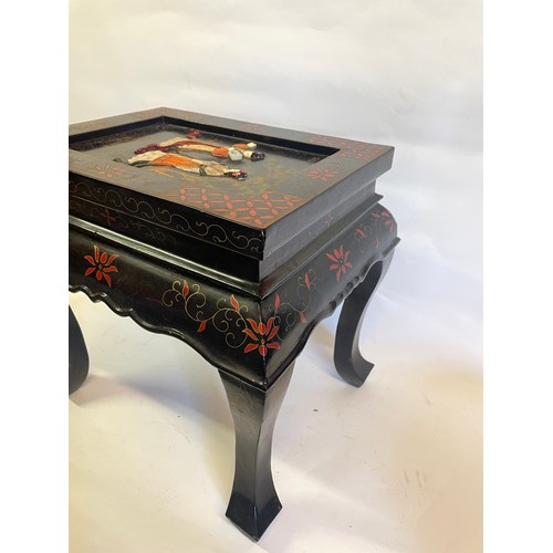 69 - Decorative Chinese Table With Figural Inserts. 50 x 39 x 47 cms