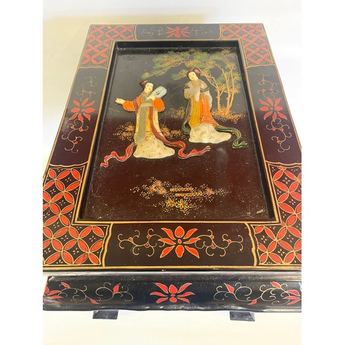 69 - Decorative Chinese Table With Figural Inserts. 50 x 39 x 47 cms