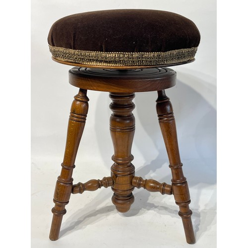 2 - Vintage Round Upholstered Swivel Rise and Fall Piano Stool on Three Turned Legs. 52cm Height