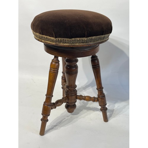 2 - Vintage Round Upholstered Swivel Rise and Fall Piano Stool on Three Turned Legs. 52cm Height