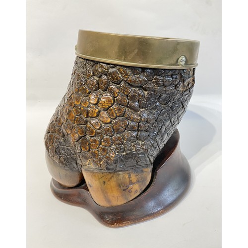 43 - 19th Century Taxidermy Rhino Foot Mounted On Wood With A Brass Rim.  28cm x 26cm x 26cm