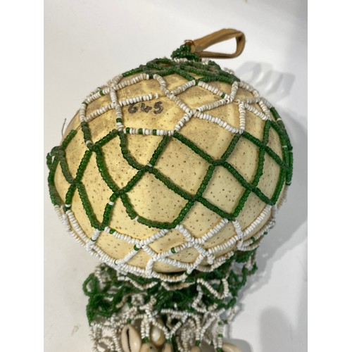 70 - Antique Netted Ostrich Egg With Traded Bead Decoration.. 23cm x 16cm x 13cm